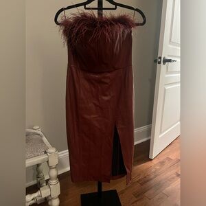 Fate Strapless Bodycon Maroon Faux Leather Dress with Feather Detail